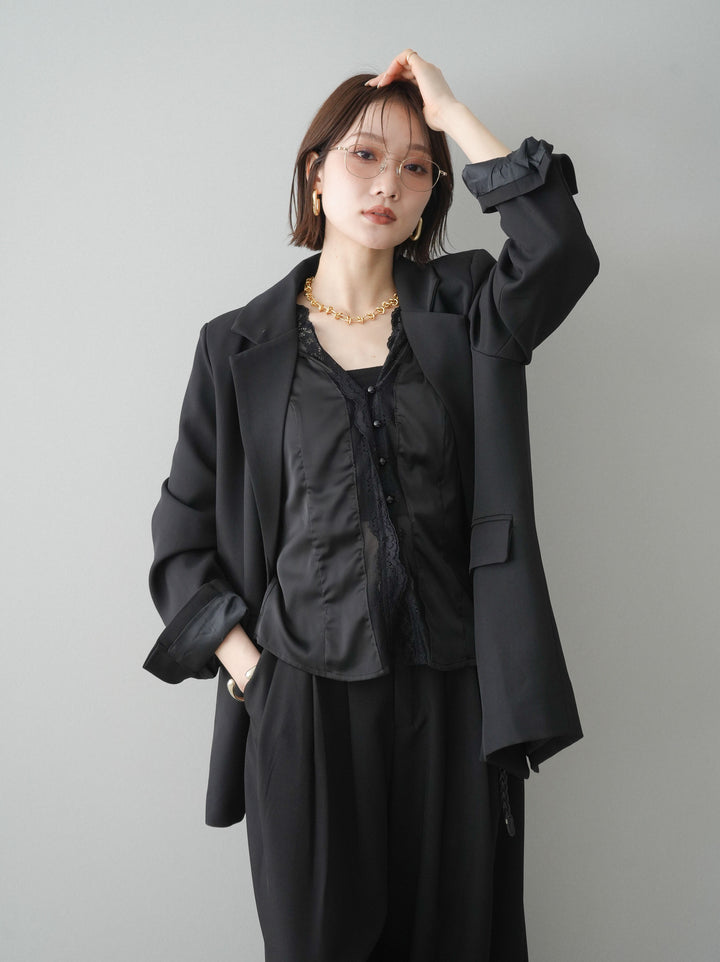 [SET]バックスリットデザインジャケット+ノースリサテンレースキャミソール(2set)