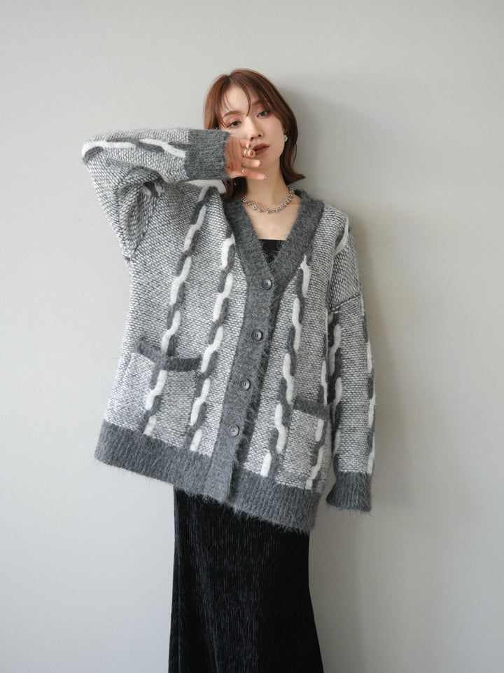 [SET]バイカラー編み込みデザインニットカーディガン+ベロアプリーツナロースカート(2set)