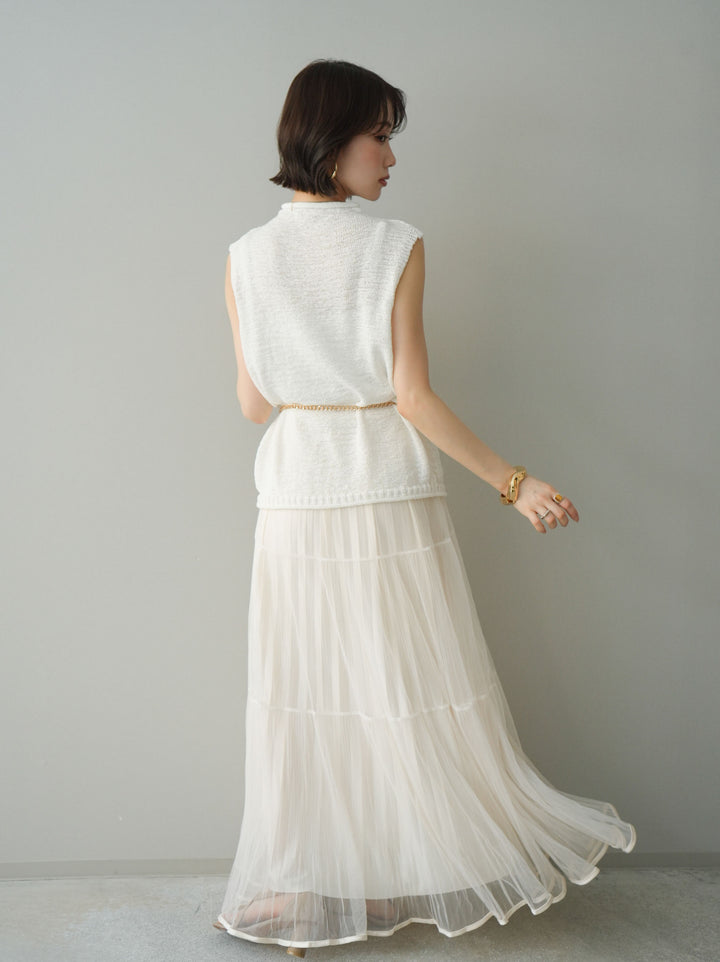 [予約]ラメプリーツレイヤードチュールロングスカート/ivory
