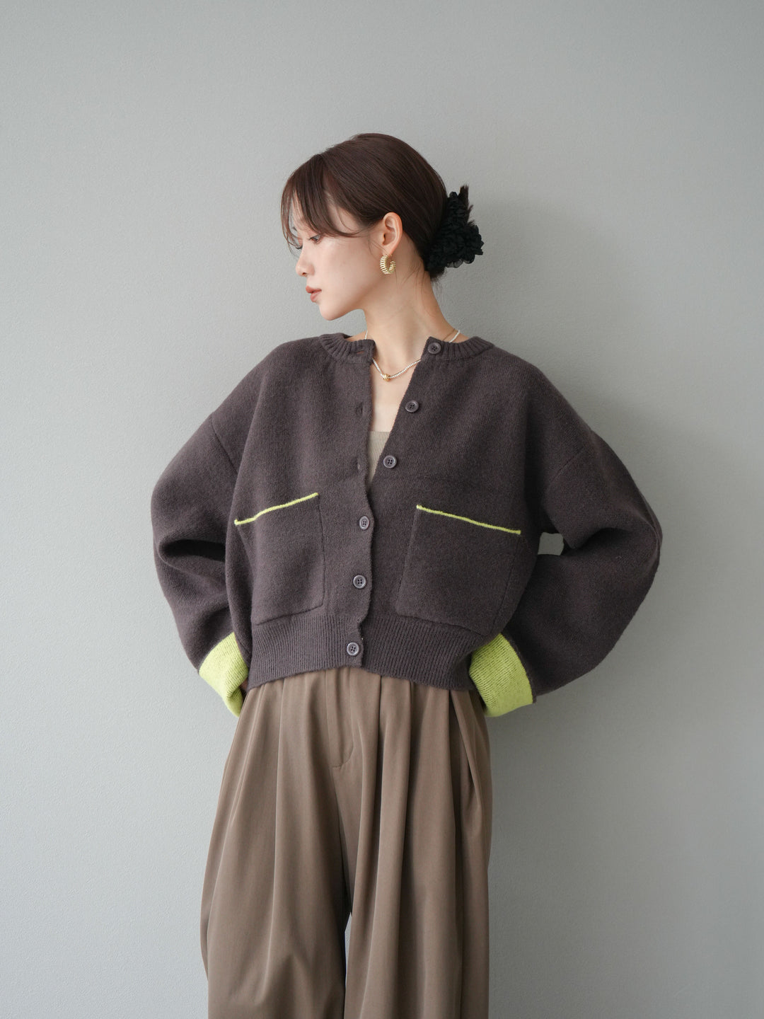 【SET】雙色針織開襟衫+褶襉設計寬褲（2套）