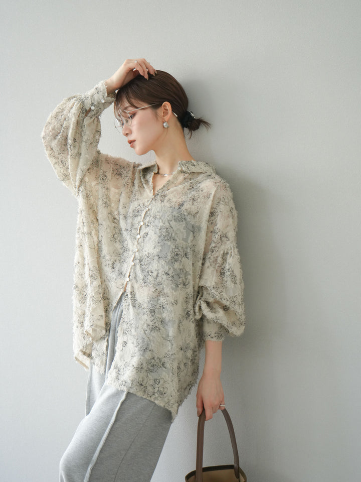 [予約]ニュアンスフリンジジャガードボリュームスリーブブラウス/ベージュ