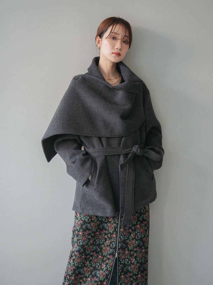 [予約]ストールデザインショートコート/charcoal