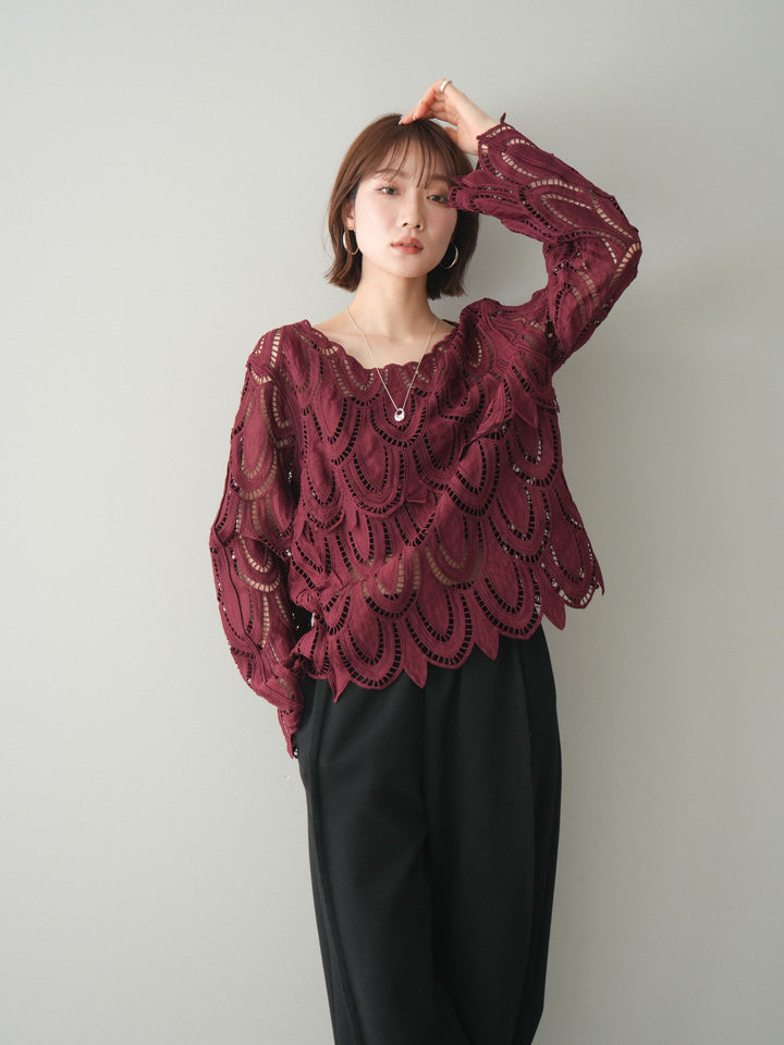 [予約]透かしコードレースブラウス/bordeaux
