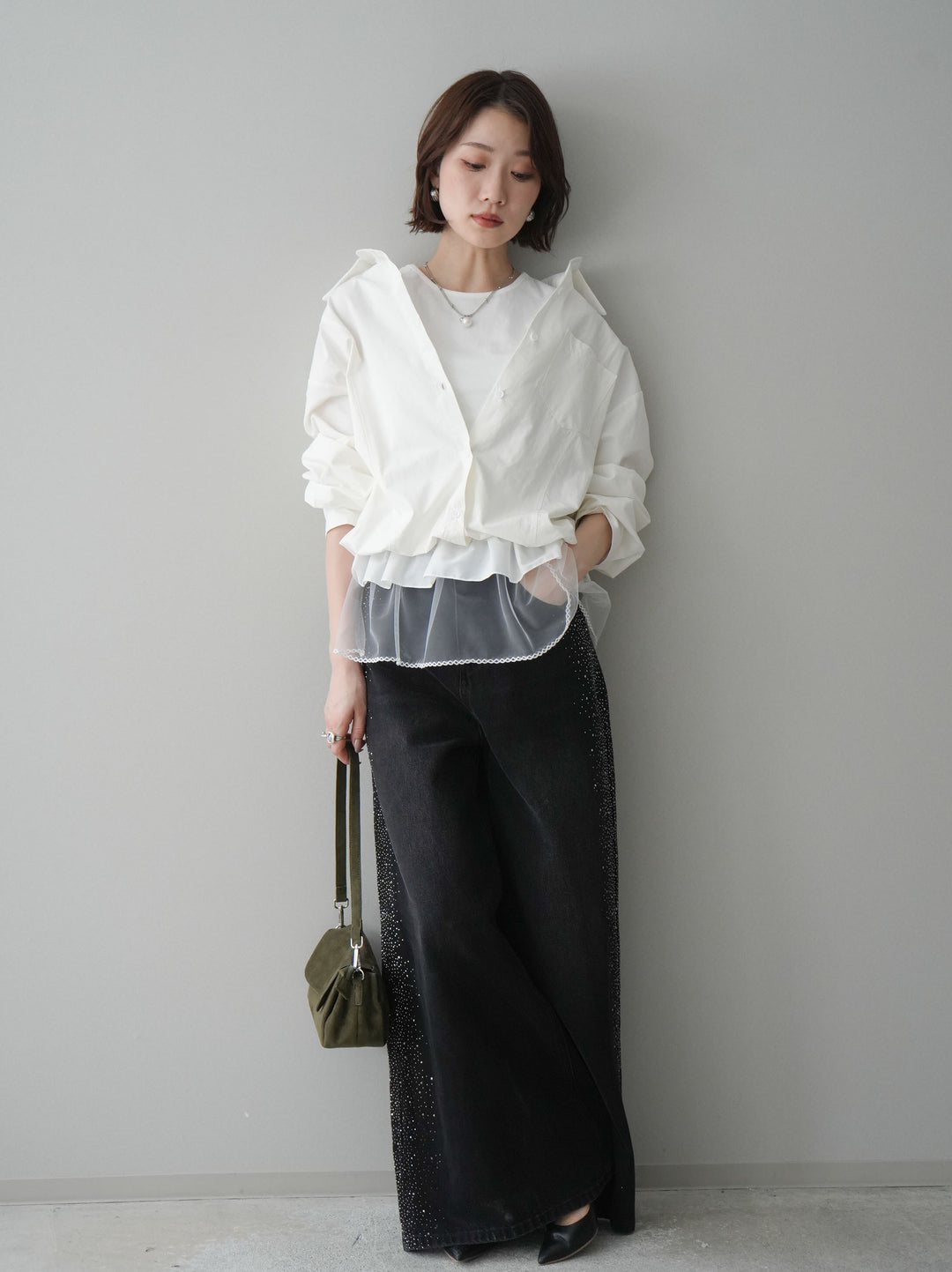 [予約]サイドビジューワイドデニムパンツ/black