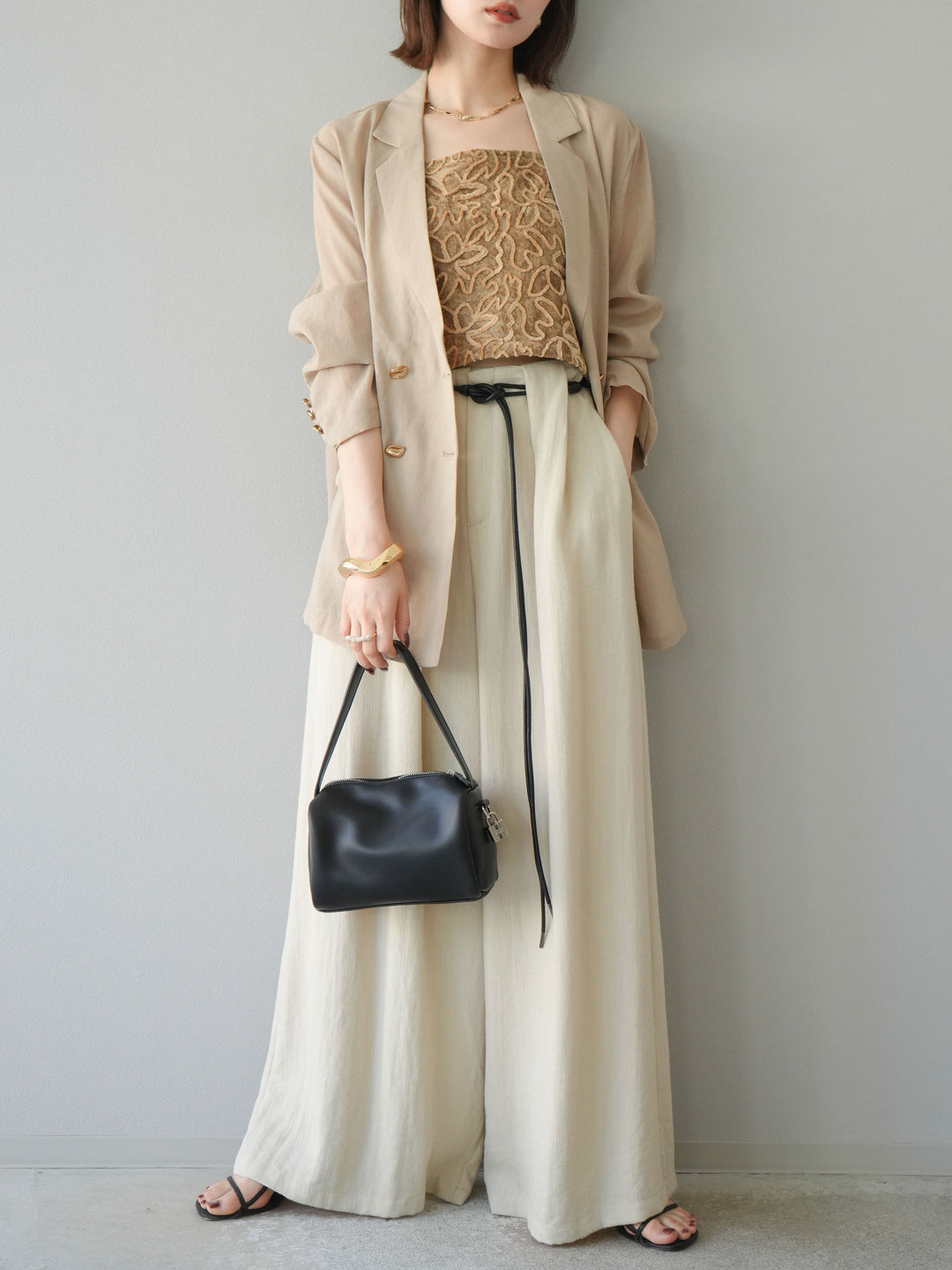 【預購】繩紋設計腰帶亞麻觸感寬褲/米色