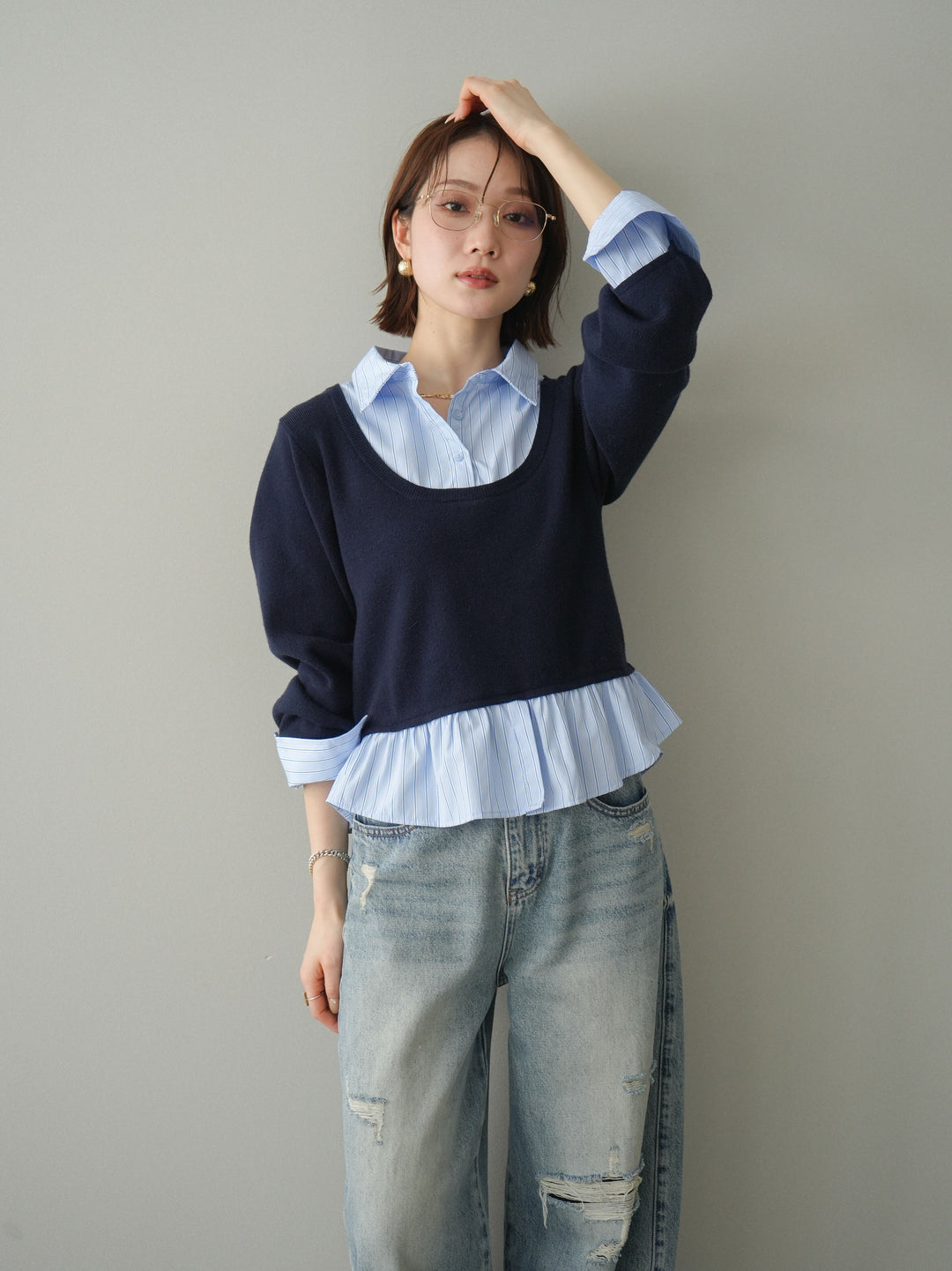 [予約]ストライプシャツUネックドッキングニットプルオーバー/navybluestripeB