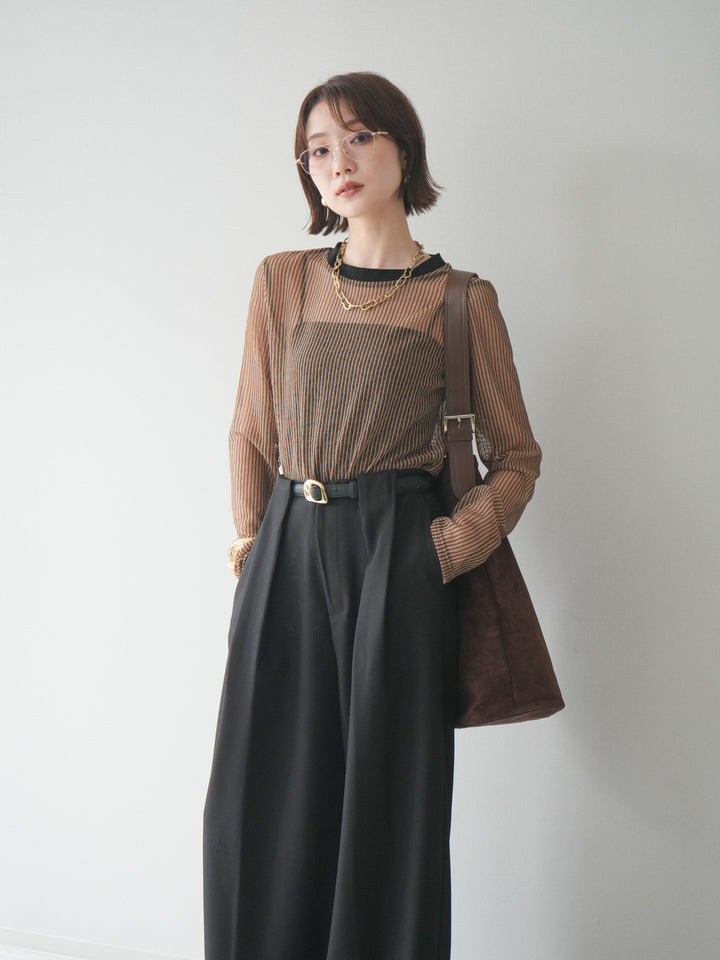 [SET]シアーストライプメッシュトップス+ドレープタックベルトループパンツ(2set)