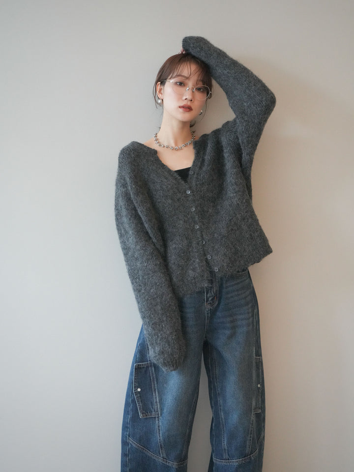 [予約]キーネックシャギーニットカーディガン/gray