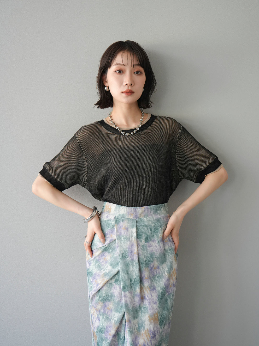 [SET]リネンタッチ配色二重臼ハーフニットトップス+選べるアソート柄スカートセット(2set)