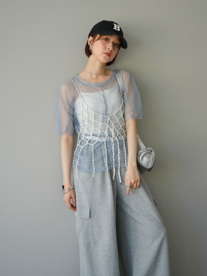 [SET]ラメチュールシャーリングプルオーバー+パールフリンジビスチェ+ウエストラインサイドポケットスウェットパンツ(3set)