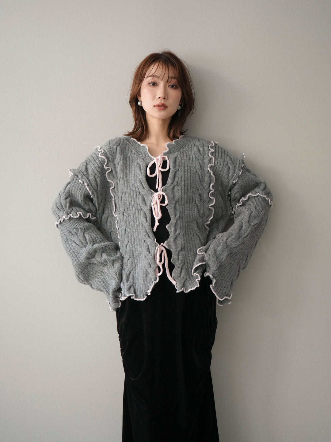 [予約]フロントリボン配色メローニットカーディガン/gray