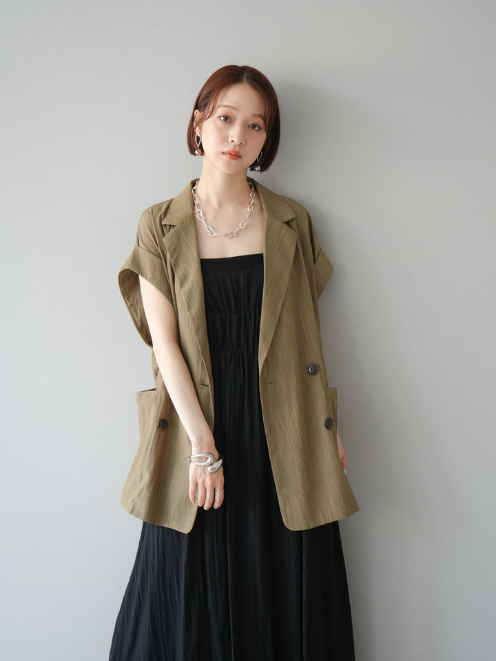 [SET]レーヨンシャーリングキャミワンピース+リネンライクノースリーブダブルジレ(2set)