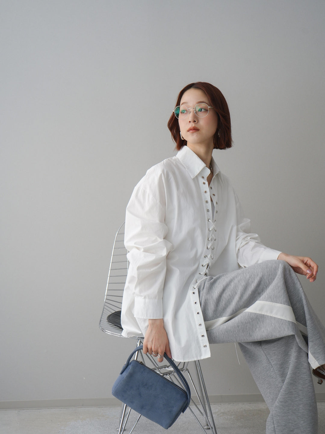 [SET]レースアップブロードシャツ+バイカラー異素材サイドラインライトポンチパンツ(2set)