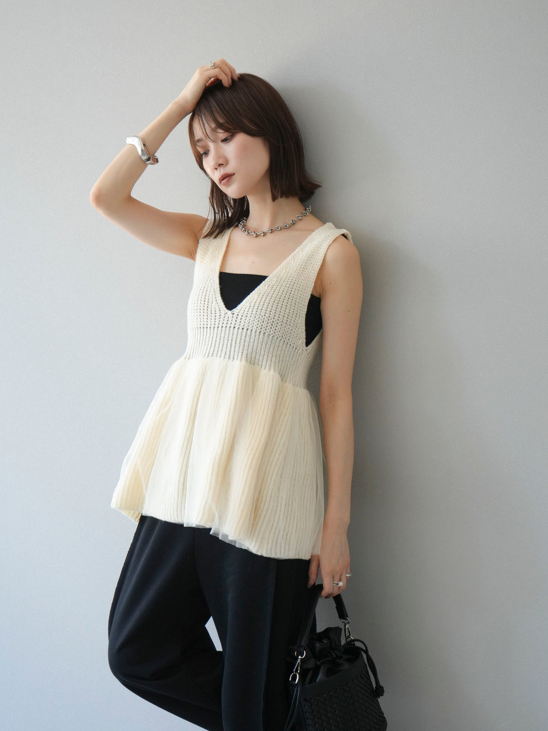 [予約]チュールレイヤードペプラムニットベスト/アイボリー
