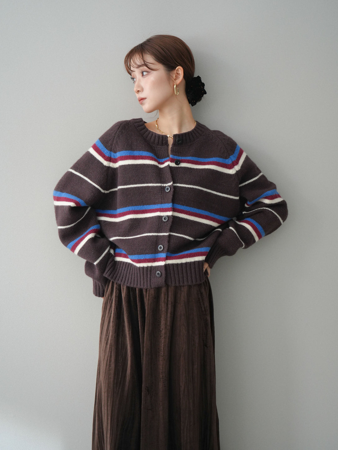 [予約]ランダムボーダーニットカーディガン/brown