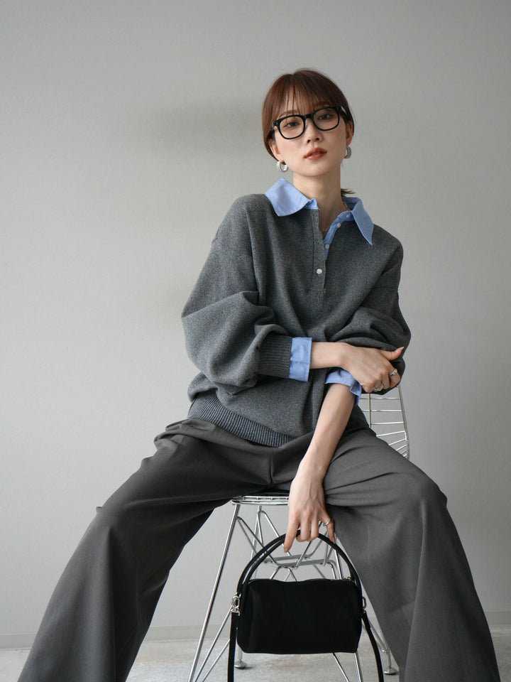 【SET】翻領polo針織套衫+雙褶闊腿褲（2件組）