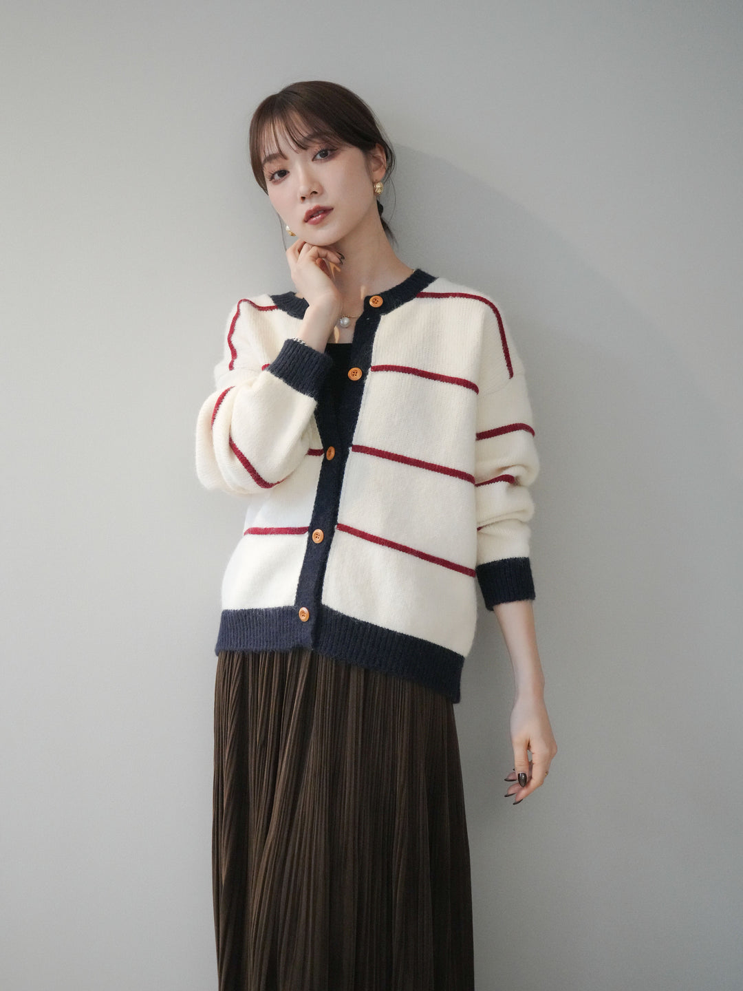 [予約]配色ボーダーニットカーディガン/red