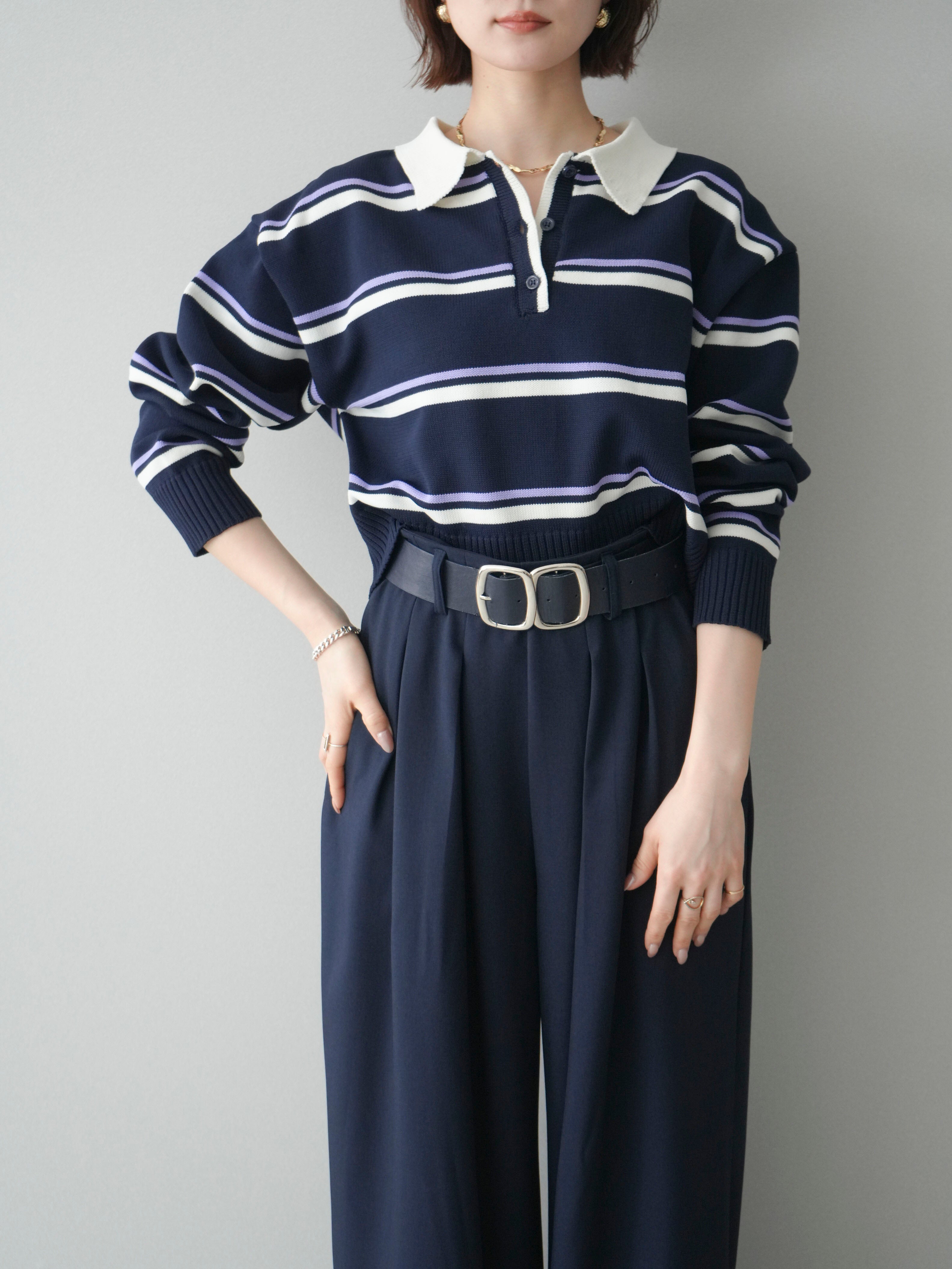 予約]マルチボーダーポロニットトップス/navy – Lumier