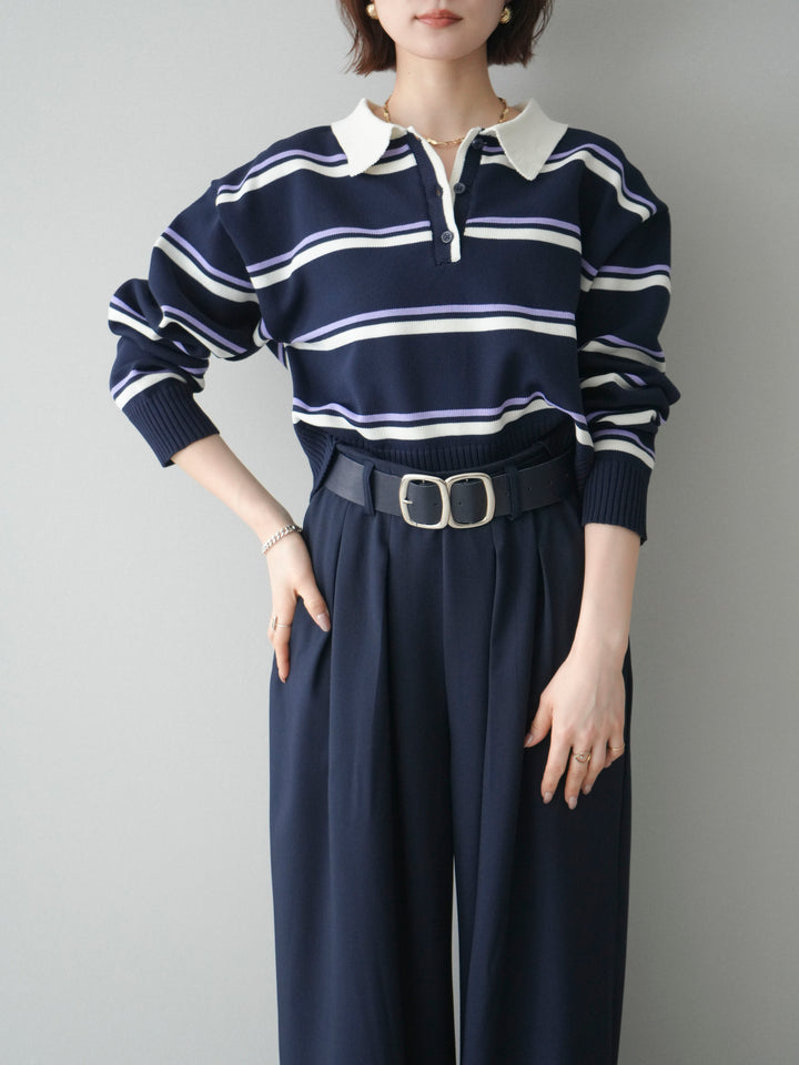[予約]マルチボーダーポロニットトップス/navy