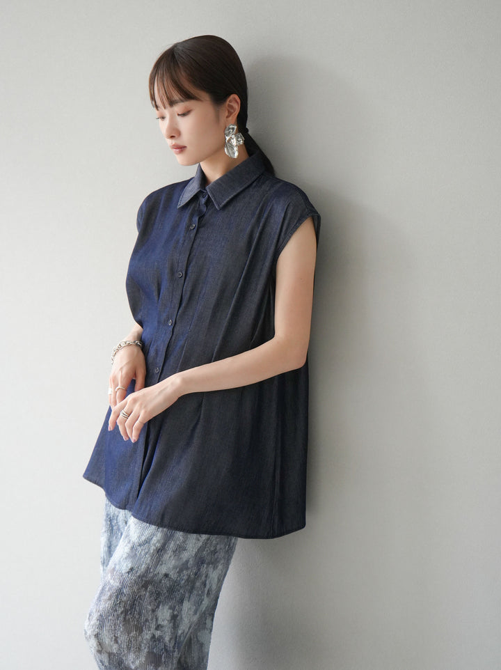[Pre-order] Tencel denim waist tuck sleeveless blouse/indigo