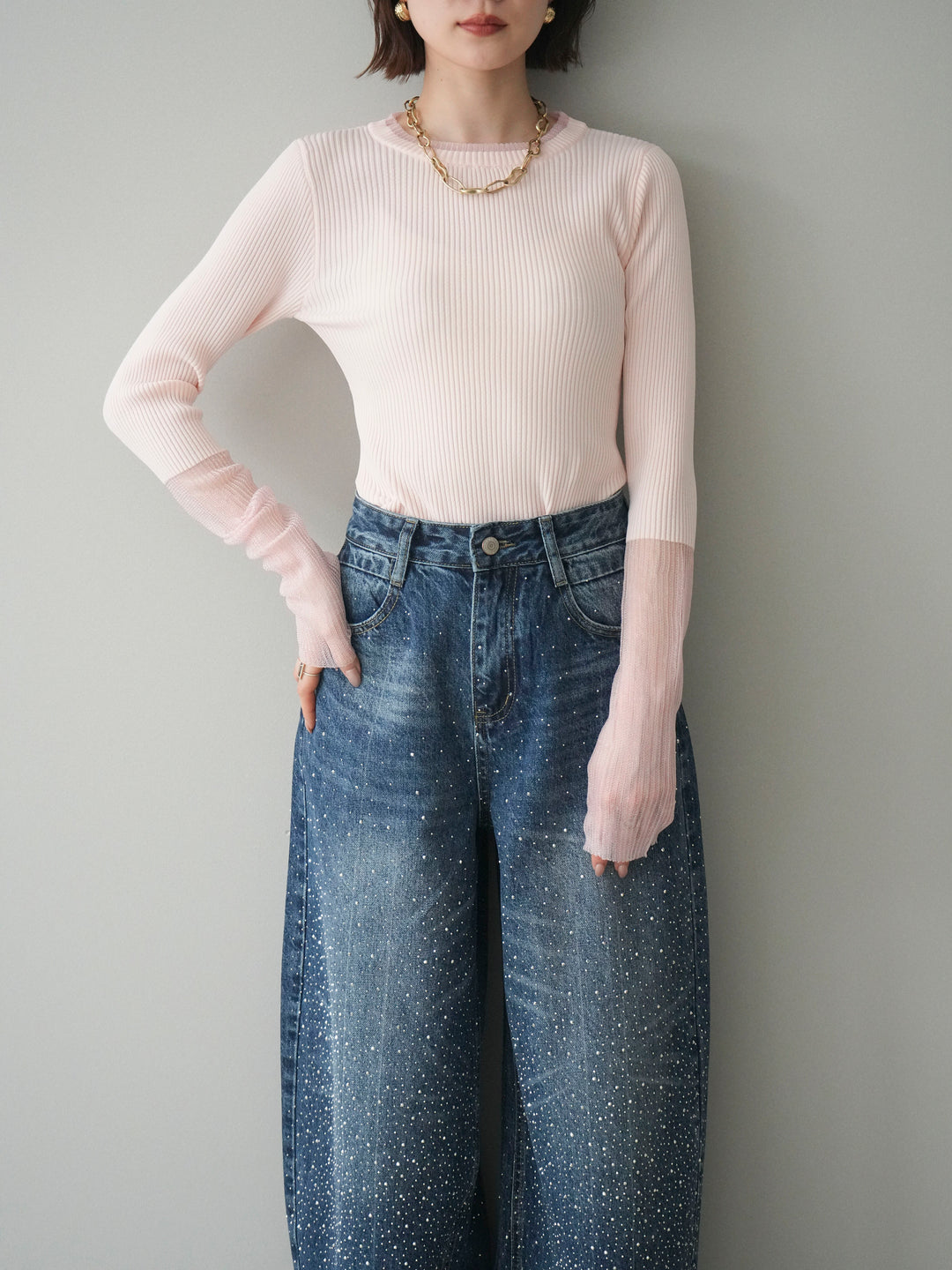 [SET]リブラメシアー切替リブニットトップス+ラインストーンカーブデニムパンツ(2set)