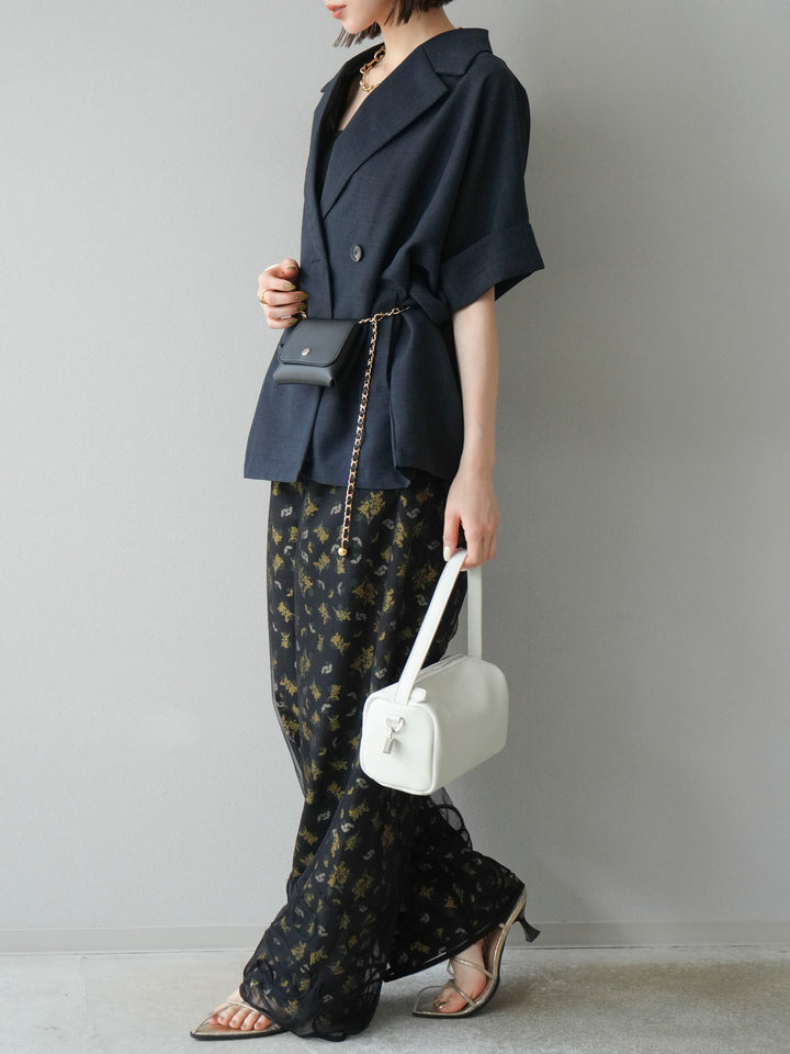 [SET]コード刺繍チュールレイヤードパンツ+ブーケプリントタックパンツ(2set)