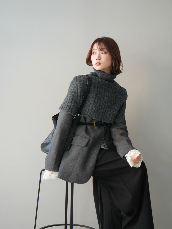 [20%オフ]ケープ付ノーカラージャケット/charcoal