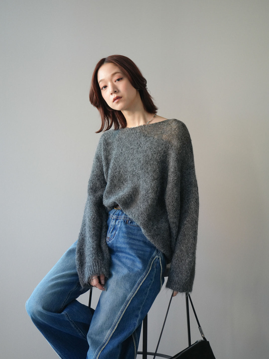 [SET]透かしデザインニットプルオーバー+サイドフリンジワイドデニムパンツ(2set)