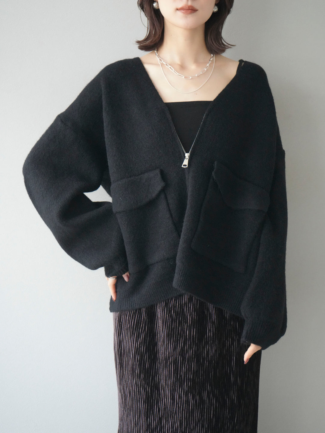 [予約]BIGポケットジップニットカーディガン/black