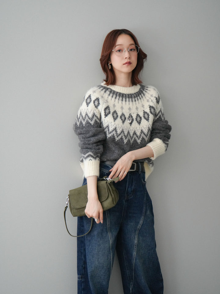 [予約]ノルディック柄ニットプルオーバー/gray