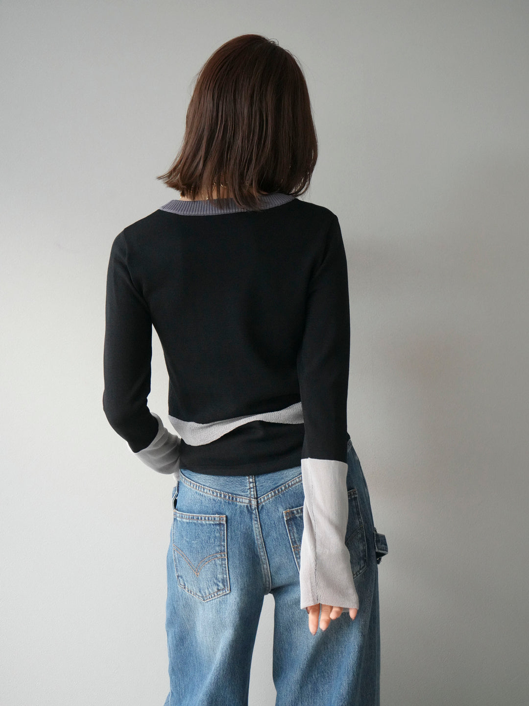 [予約]異素材配色デザインニットトップス/ブラック