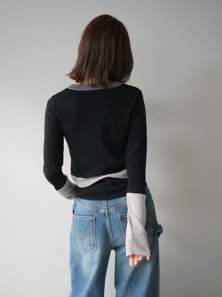 [予約]異素材配色デザインニットトップス/ブラック