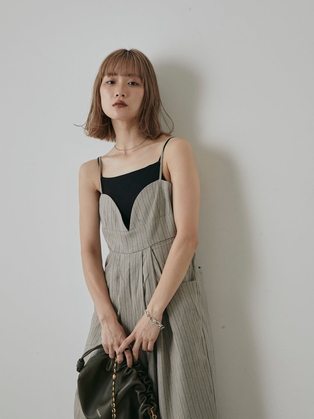 【預購】人字紋條紋工裝褲/米白色