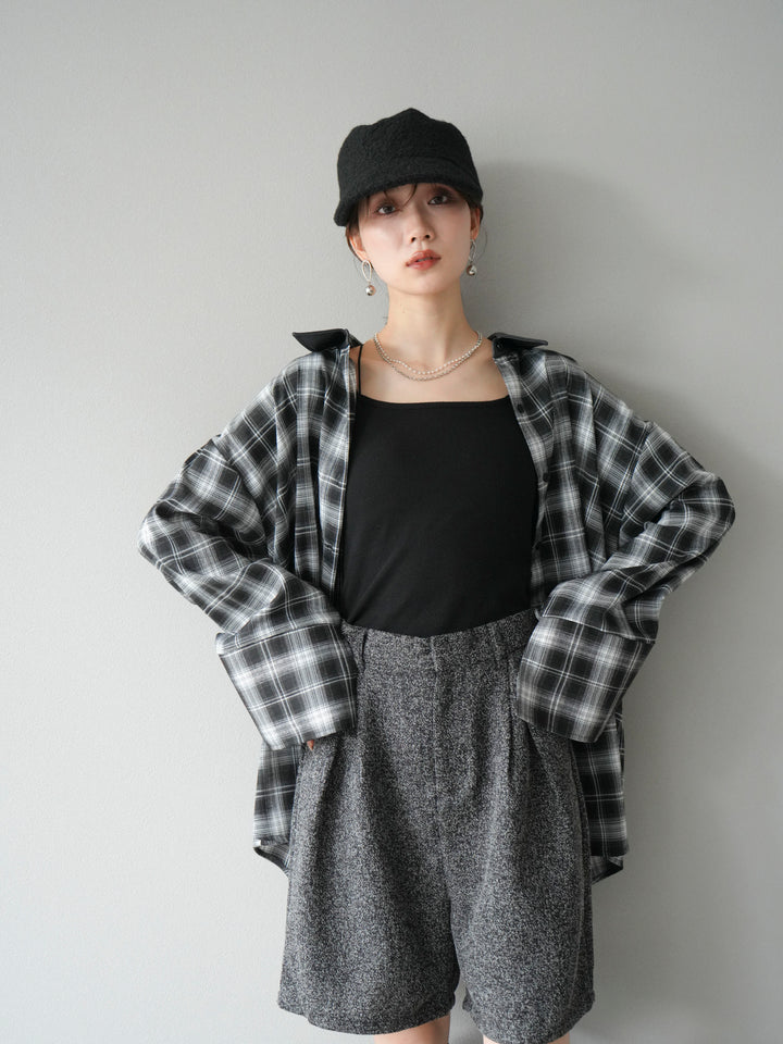 [SET]レザー襟オンブレチェックオーバーシャツ +ツイードハーフパンツ(2set)