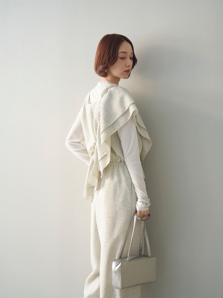 [SET]3WAYミックスツイードギャザーオールインワン+シアープチネックストレッチトップス(2set)