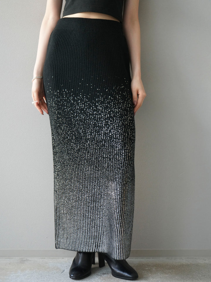 [予約]箔プリントニットタイトスカート/black