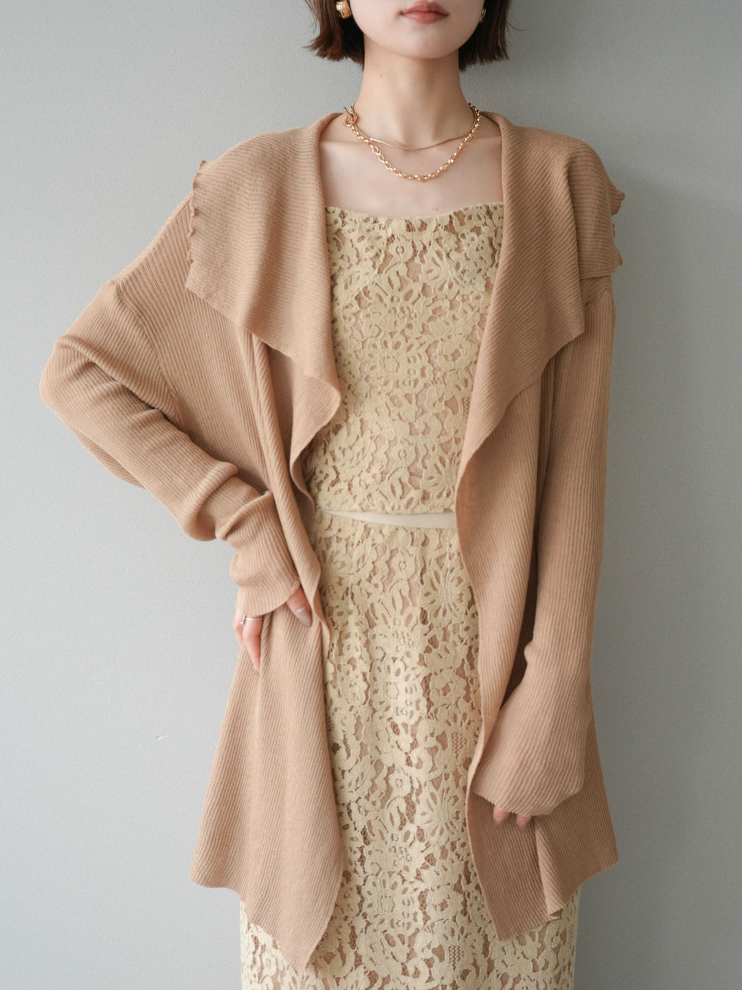 【預購】垂褶羅紋針織長裙 / 米色