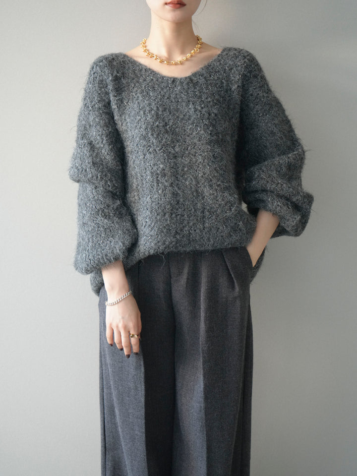 [予約]ウールタッチラメミックスヤーンVネックニットプルオーバー/charcoal