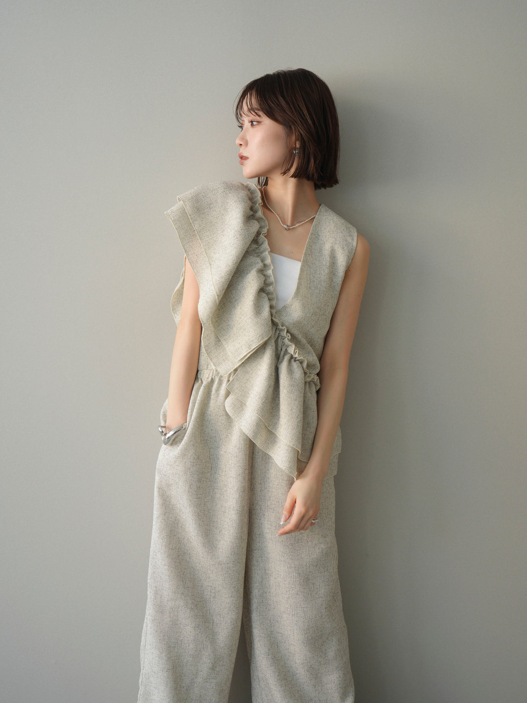 [SET]3WAYミックスツイードギャザーオールインワン+選べるアクセセット(2set)