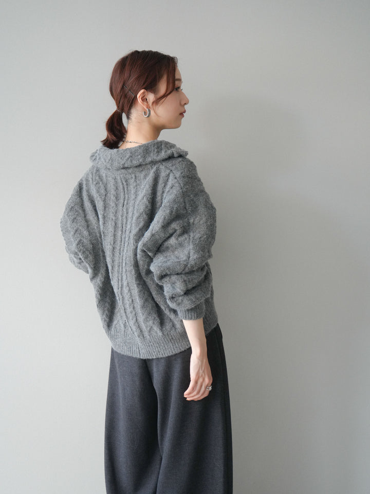 [SET]ケーブル編みハイネックZIPニットカーディガン+アニマル柄ベルト付きウールタッチワイドパンツ(2set)