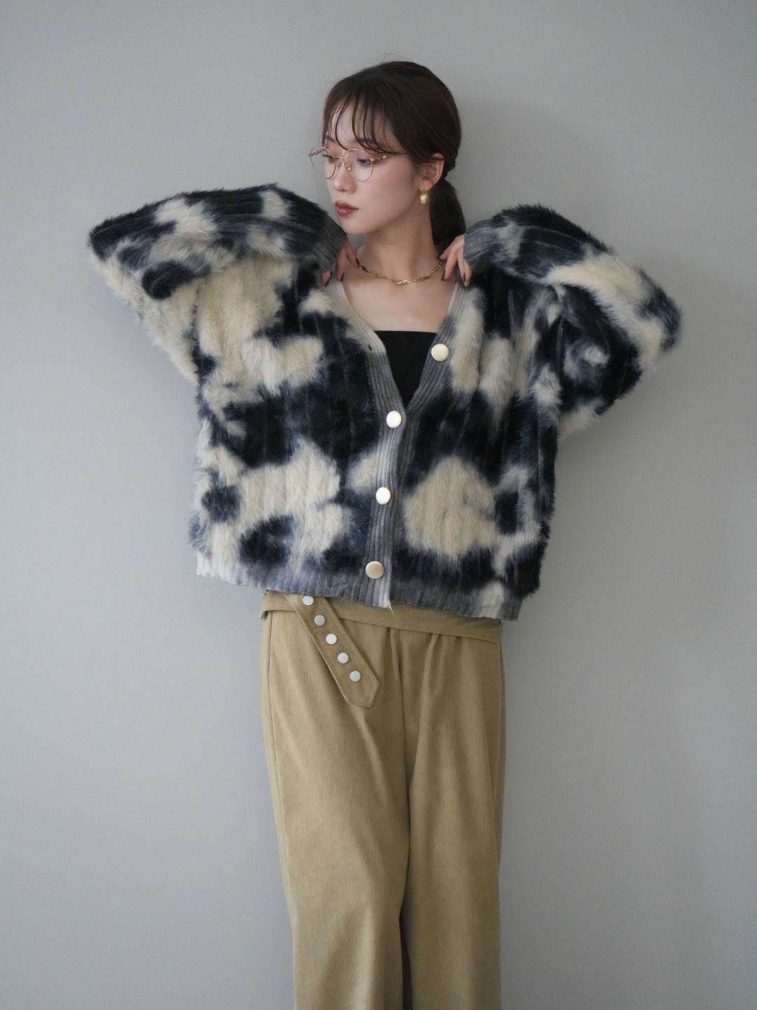 [予約]ニュアンス柄シャギーニットカーディガン/khaki