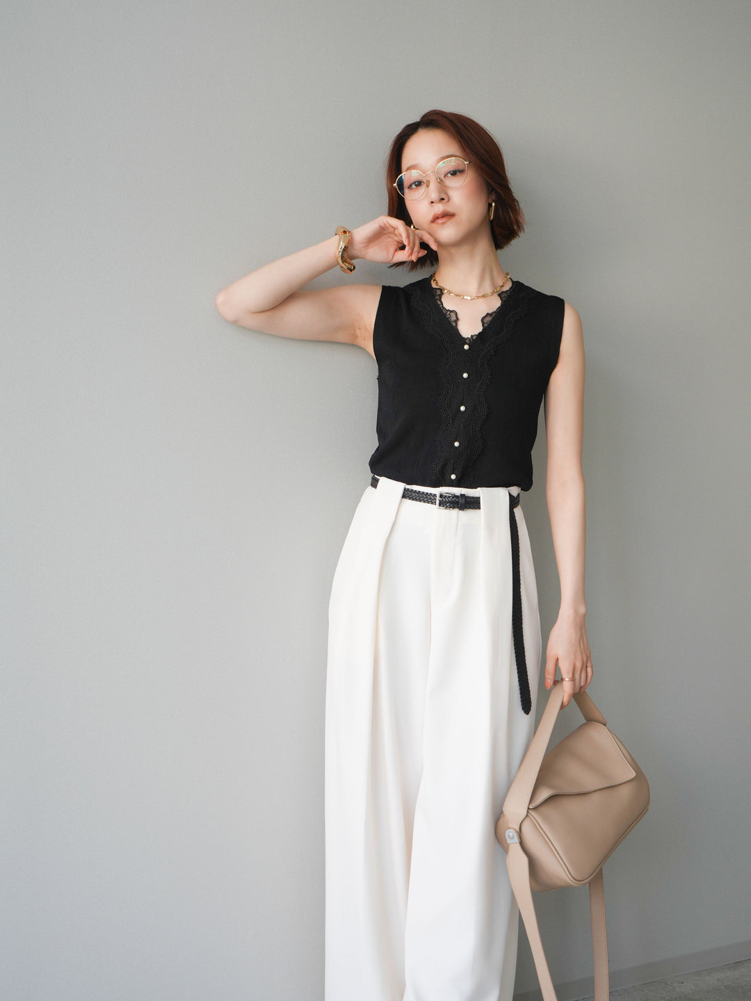 [予約]パールボタンニットタンクトップ/black