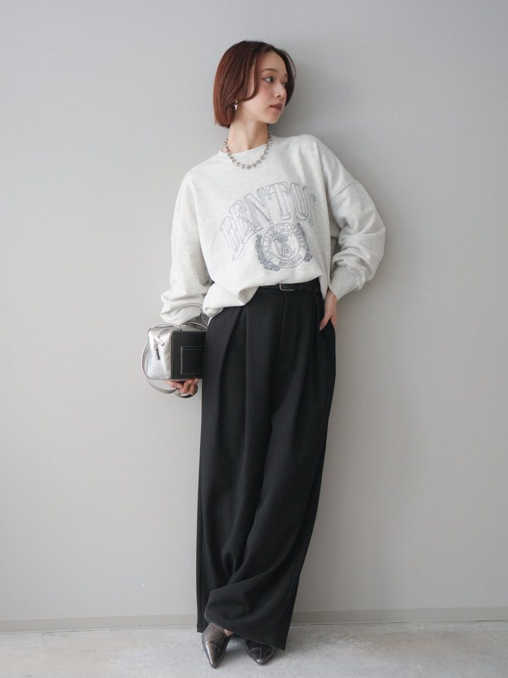 [SET]カレッジロゴ刺繍BIGスウェットプルオーバー+サテンベルトタックワイドパンツ(2set)