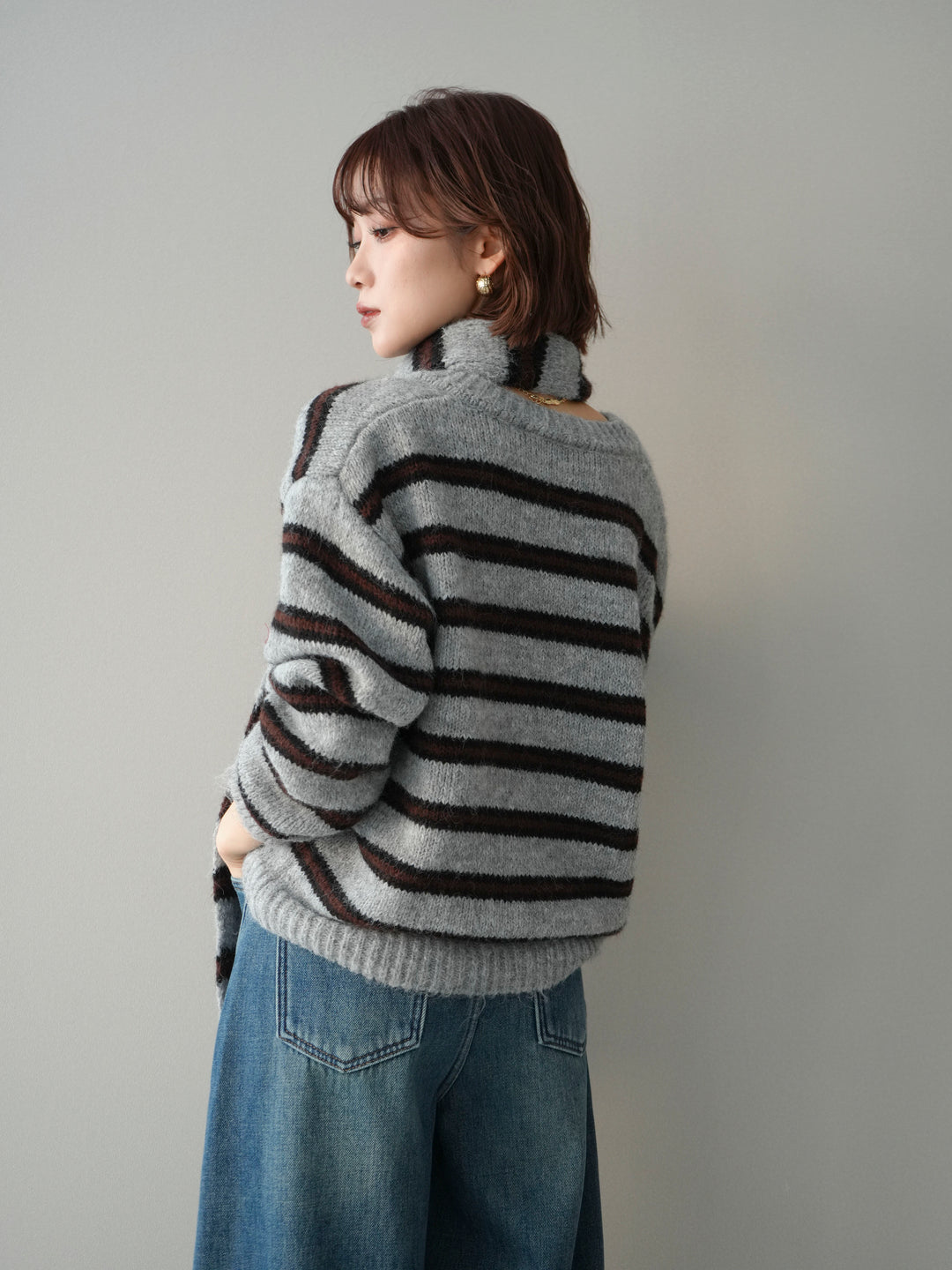 [予約]ボウタイ付きボーダーニットプルオーバー/gray