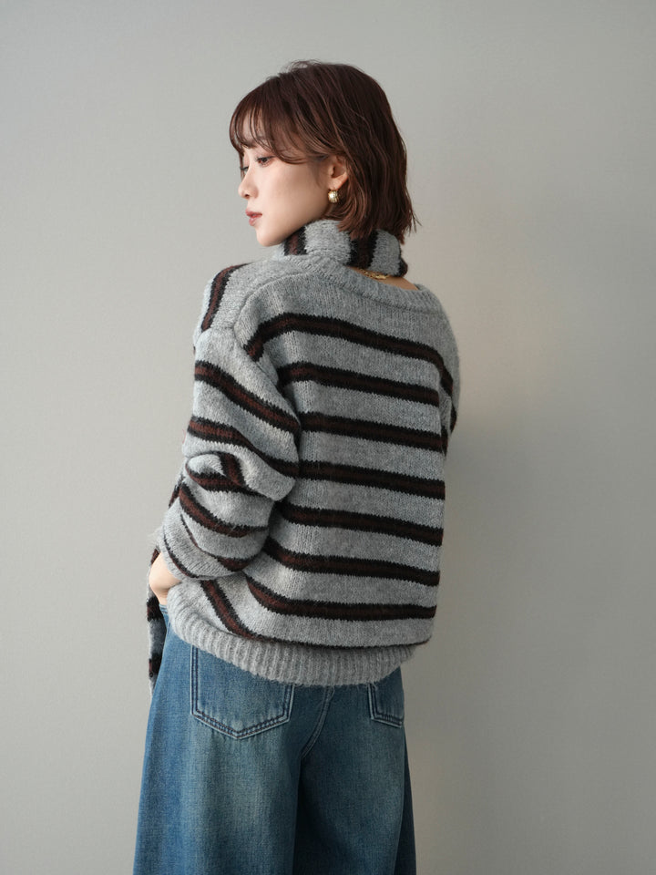 [予約]ボウタイ付きボーダーニットプルオーバー/gray