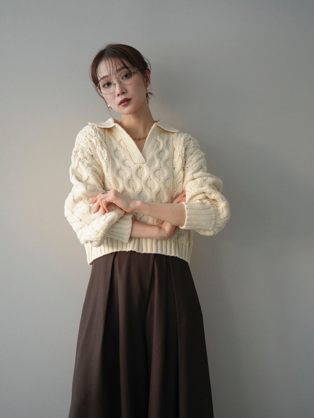 [予約]バルキーケーブルクロップド開襟プルオーバー/ivory