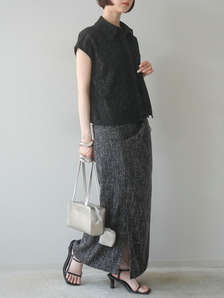 [予約]サマーツイードタックサイドスリットスカート/ブラックホワイト