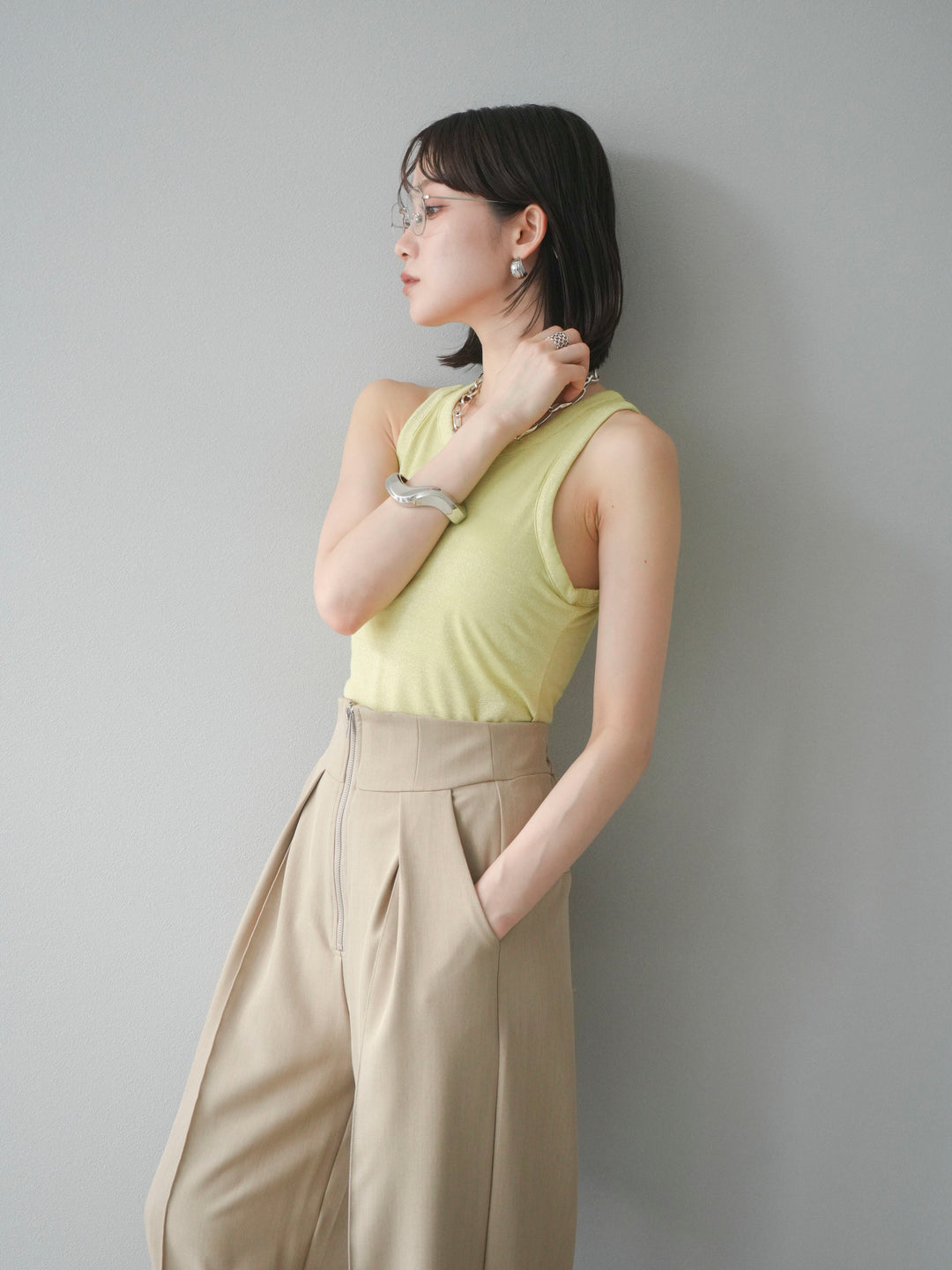 [予約]カップ付きラメアメスリブラトップ/イエロー