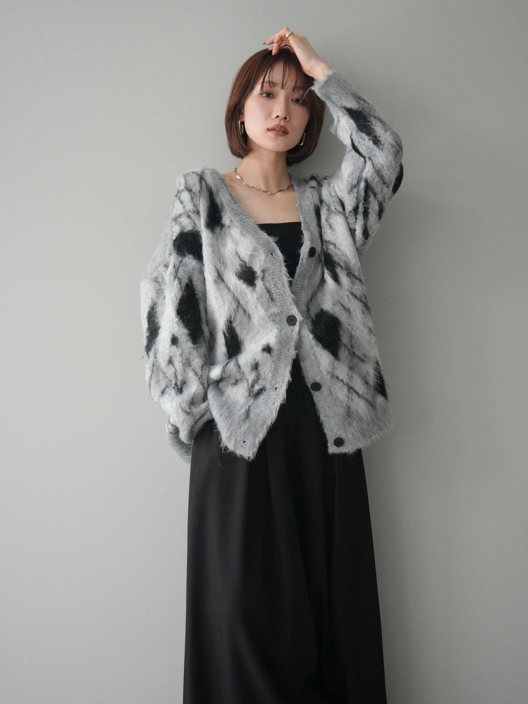 [予約]アーガイル柄シャギーニットカーディガン/gray