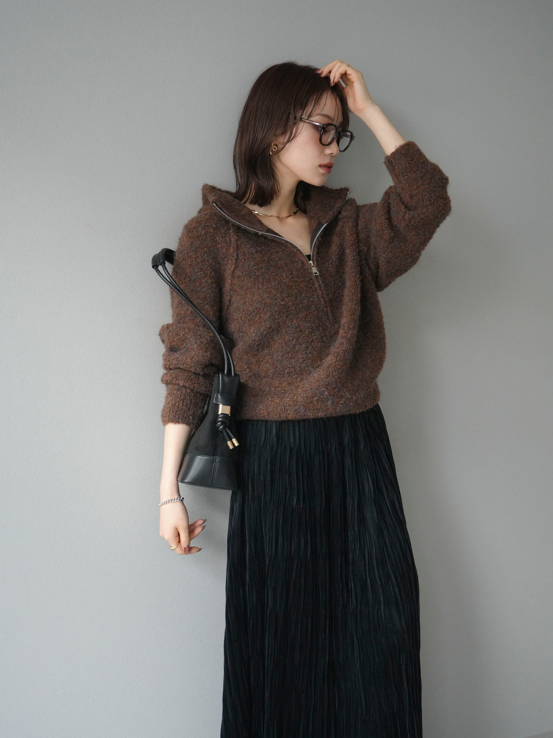 [予約]スタンドジップMIXブークレニットプルオーバー/brown